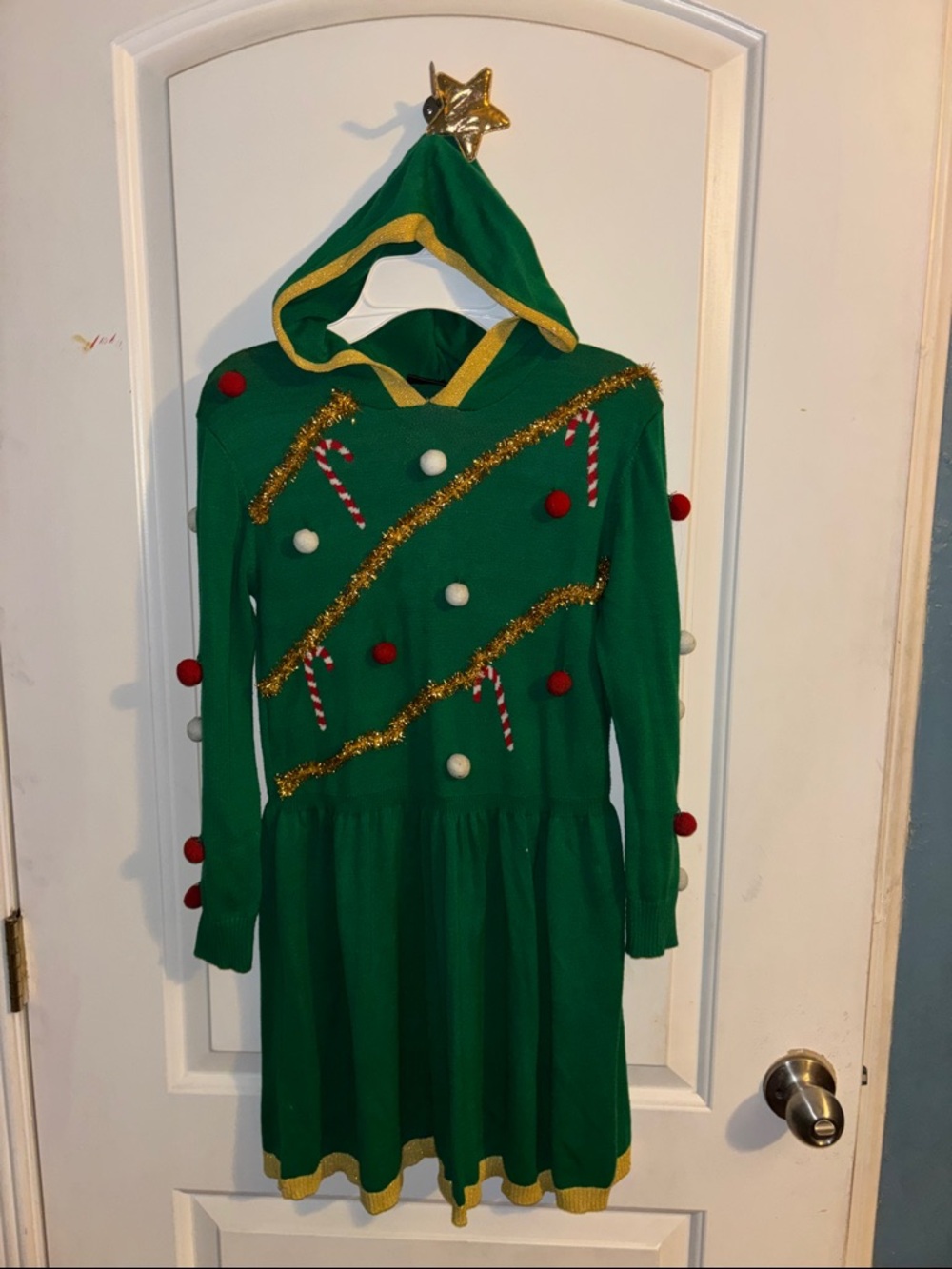 MAD Engine Green Hooded Kids Christmas Tree Dress with Gold Trim